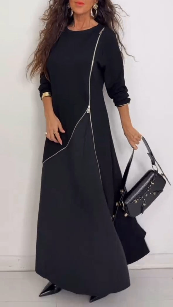 Women Round Neck Spliced Zipper Casual Dress