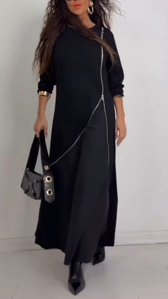 Women Round Neck Spliced Zipper Casual Dress