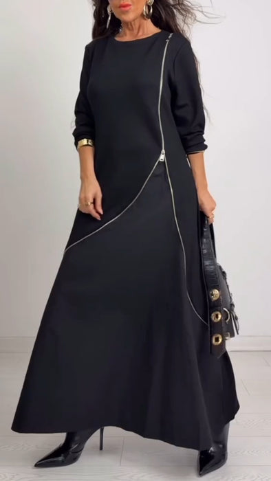 Women Round Neck Spliced Zipper Casual Dress
