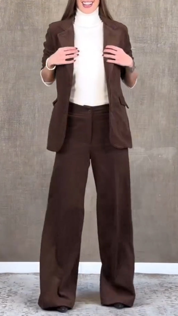 Women Collar Jacket+ Pants Solid Color Temperament Commuting Suit