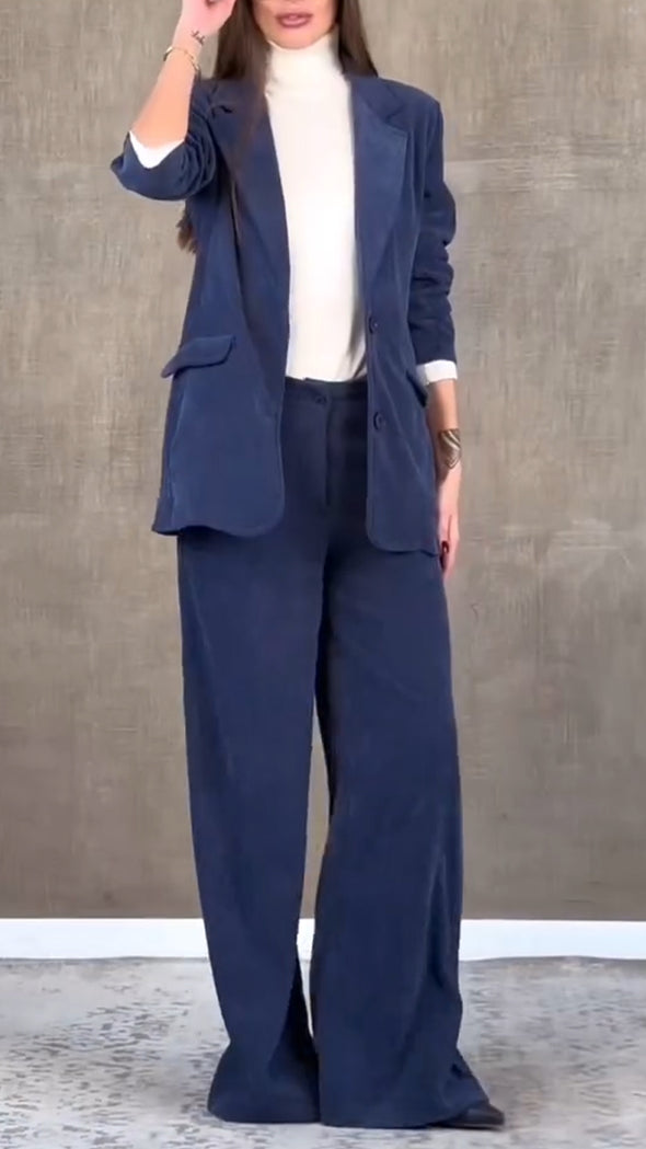 Women Collar Jacket+ Pants Solid Color Temperament Commuting Suit