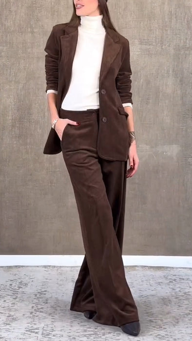 Women Collar Jacket+ Pants Solid Color Temperament Commuting Suit