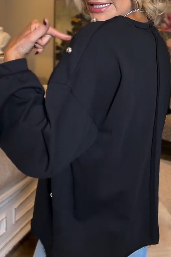 Women Round Neck Metal Rivet Decoration Casual Top