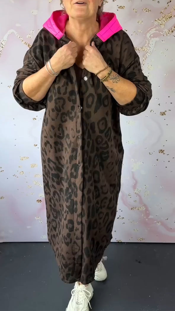Women Hooded Breasted Leopard Print Casual Coat