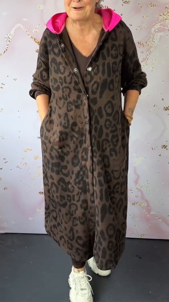 Women Hooded Breasted Leopard Print Casual Coat