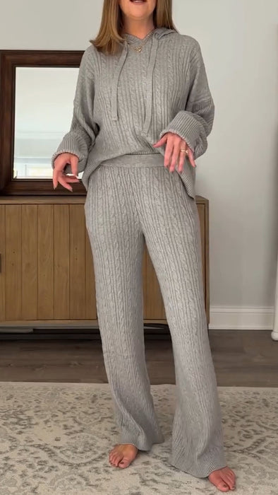 Women Round Neck Hooded Top+ Trousers Solid Casual Knitting Suit