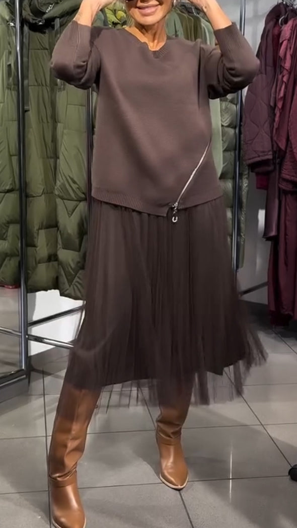 Women Interior Patchwork Dress+ Side Zipper Top Casual Set