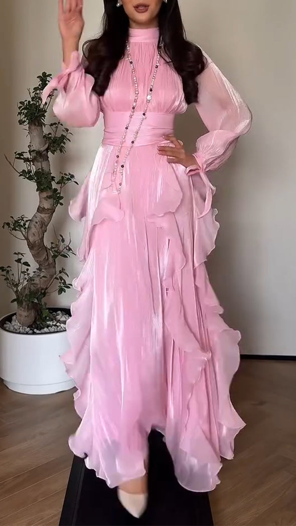 Women Round Neck Waist Cinching Irregular Stitching Elegant Temperament Dinner Party Dress