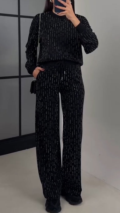 Women Round Neck Rhinestone Hot Stamping Casual Suit