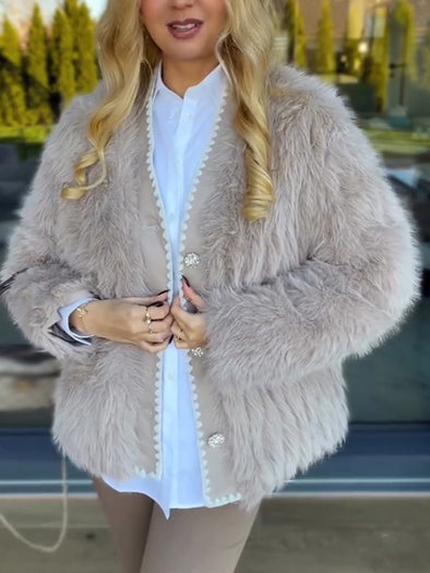 Women Buckle Splicing Casual Plush Coat