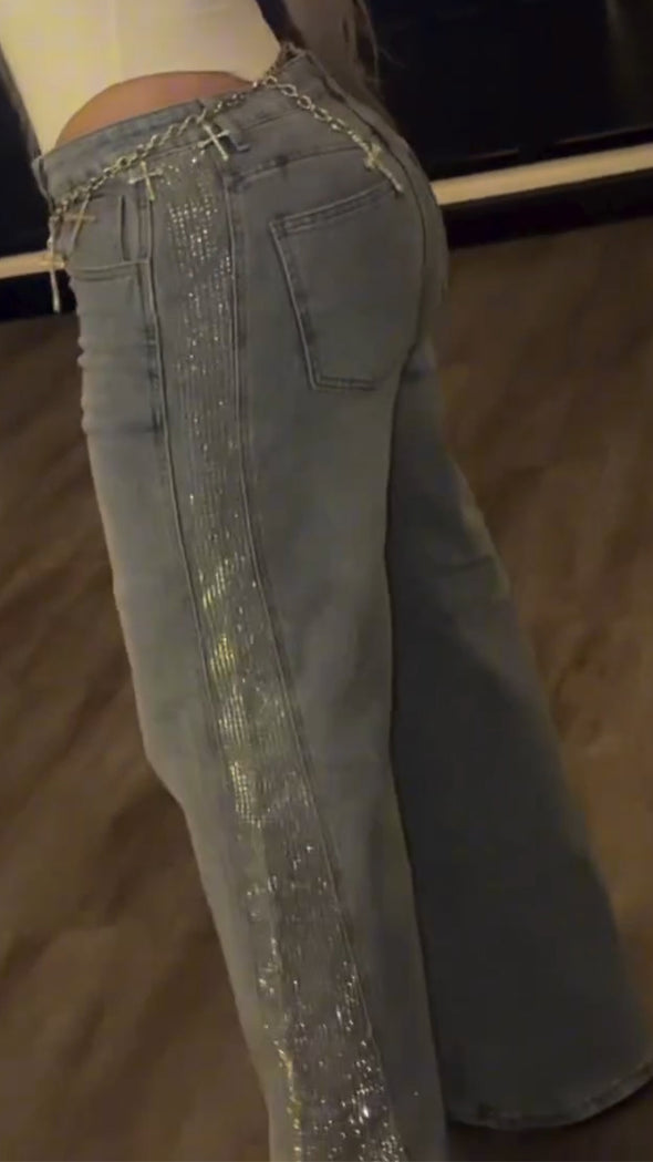 Women Side Stitching Hot Diamond Casual Jeans