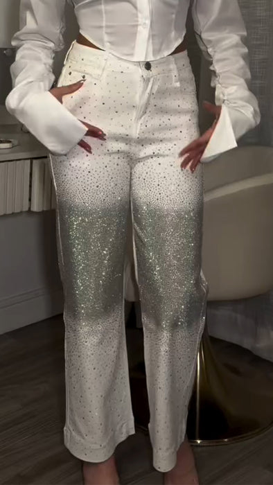 Women High Waisted Rhinestone Casual Jeans