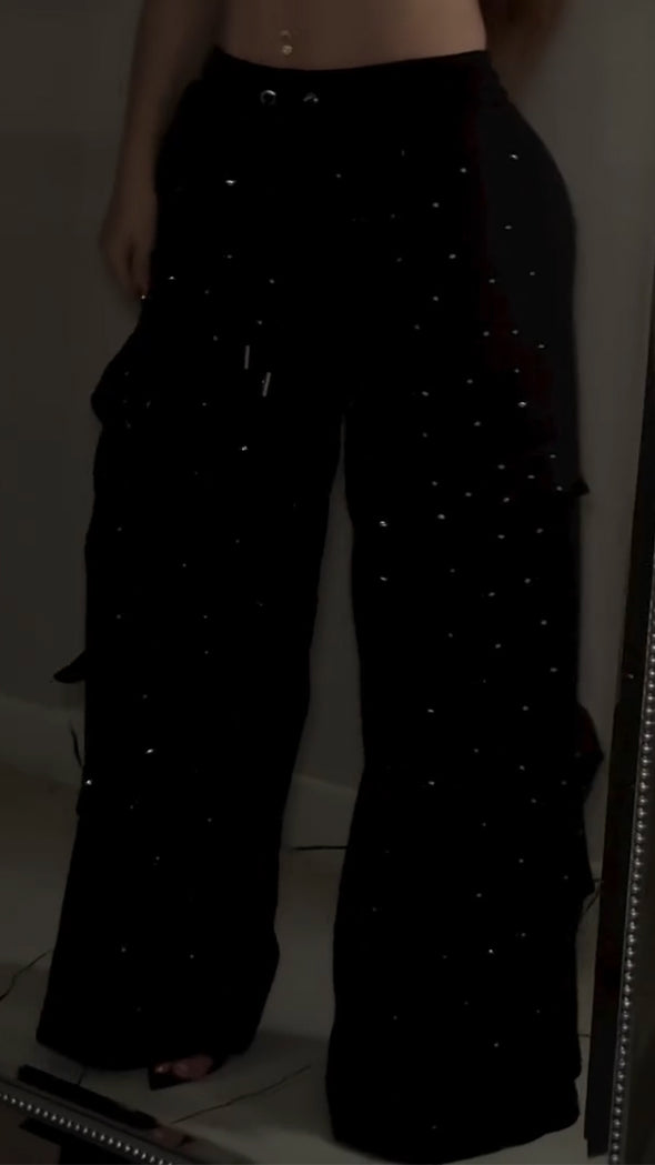 Women Drawstring Patchwork Pocket Rhinestone Casual Pants