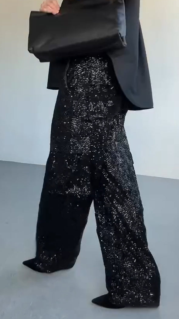 Women Hot Rhinestone Splicing Pocket Casual Pants