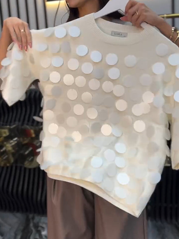 Women Round Neck Sequined Decorative Casual Top