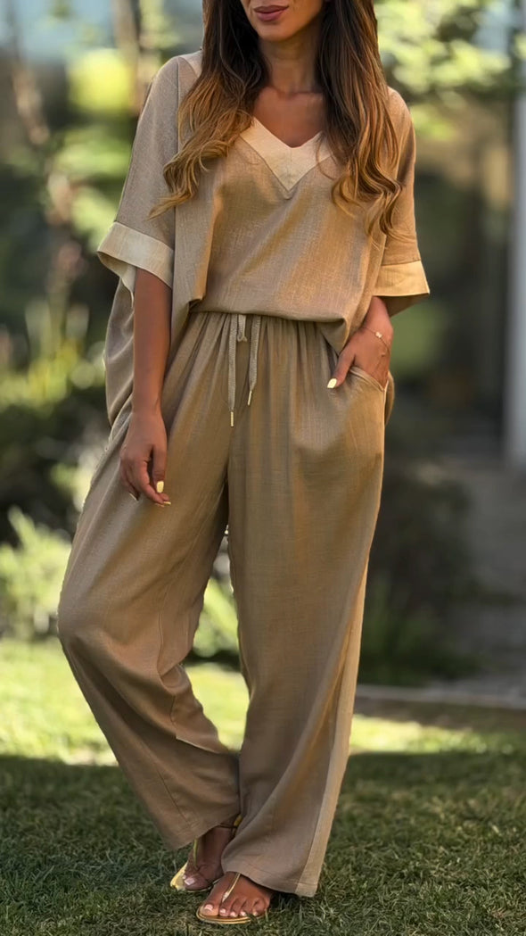 Women V-neck Top+ Drawstring Pants Loose Casual Suit