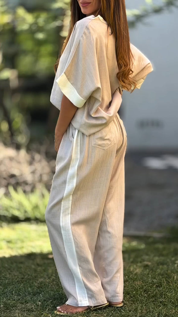 Women V-neck Top+ Drawstring Pants Loose Casual Suit