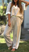 Women V-neck Top+ Drawstring Pants Loose Casual Suit