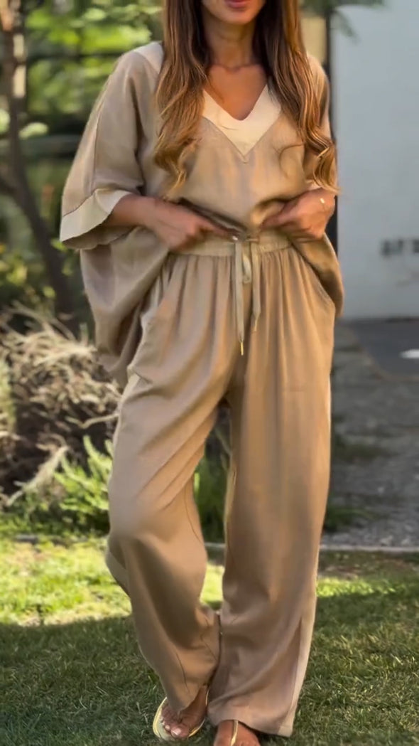 Women V-neck Top+ Drawstring Pants Loose Casual Suit
