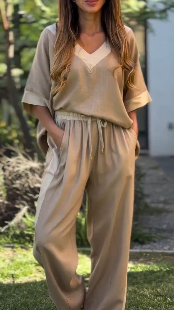 Women V-neck Top+ Drawstring Pants Loose Casual Suit