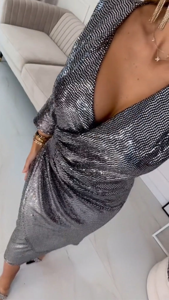Women Deep V-neck Sequin Elegant Temperament Dress