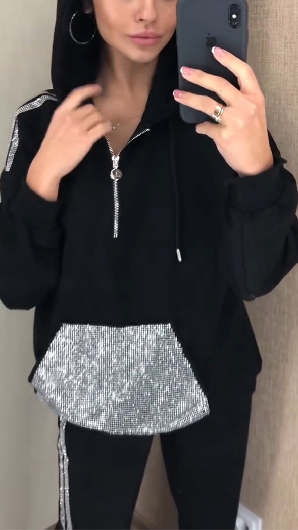 Women Hooded Half Zipper Patchwork Sequined Sweatshirt+ Pants Casual Set
