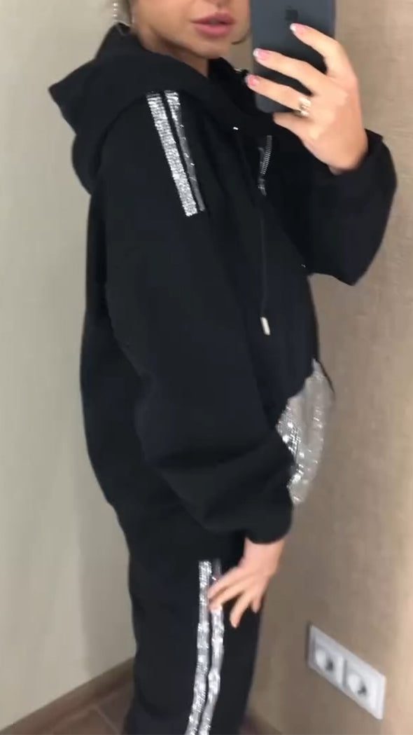 Women Hooded Half Zipper Patchwork Sequined Sweatshirt+ Pants Casual Set