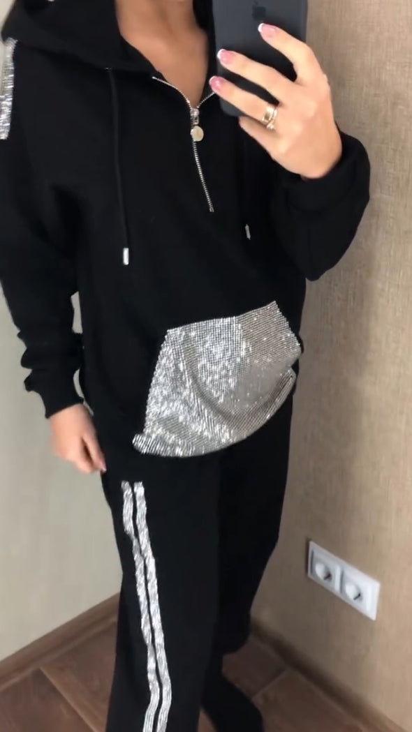 Women Hooded Half Zipper Patchwork Sequined Sweatshirt+ Pants Casual Set