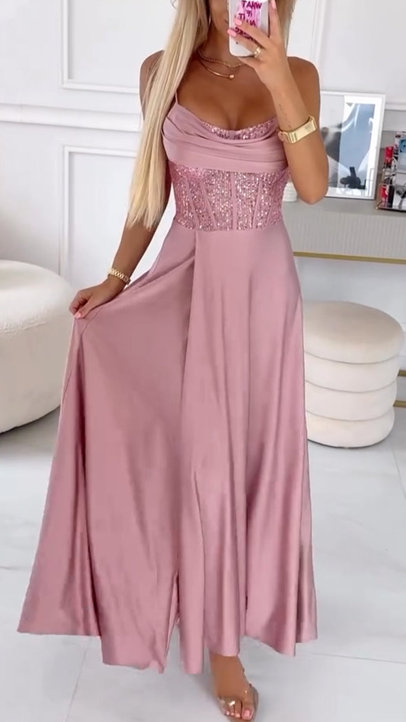 Women Suspenders Patchwork Sequins Elegant and Sexy Dinner Party Dress