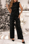 Women Round Neck Sequined Top + Pants Casual Dinner Party Set