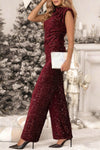 Women Round Neck Sequined Top + Pants Casual Dinner Party Set