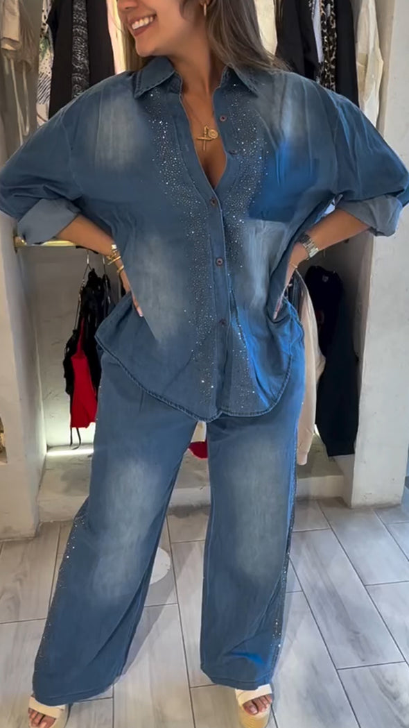 Women Lapel Hotfix Rhinestone Washed Casual Denim Suit