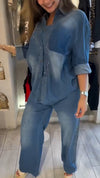 Women Lapel Hotfix Rhinestone Washed Casual Denim Suit