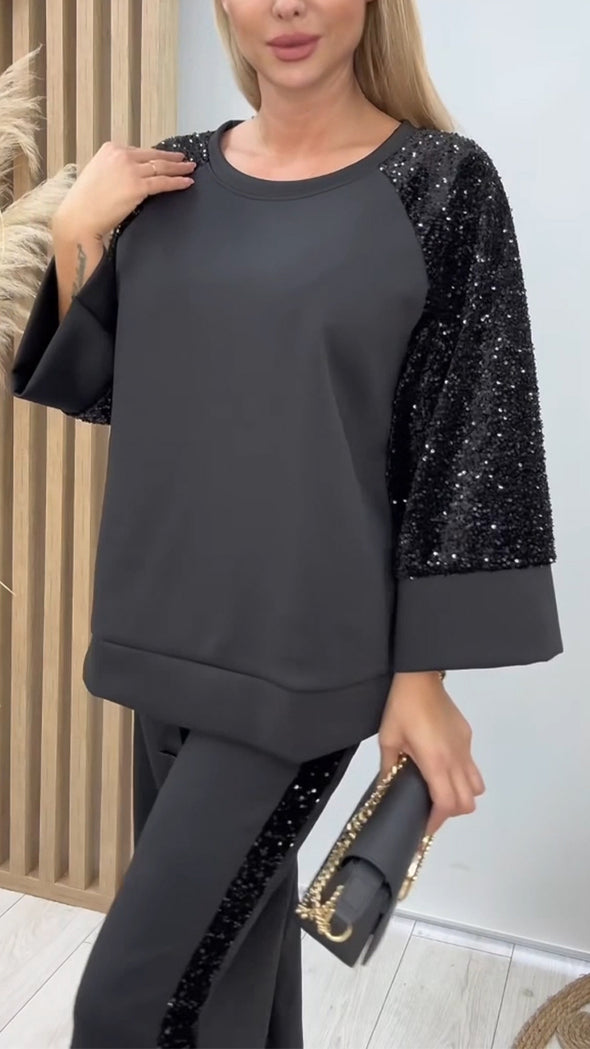 Women Round Neck Spliced sequin Sleeve Top + Pants Casual Suit
