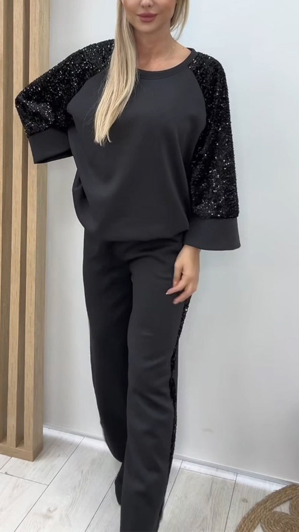 Women Round Neck Spliced sequin Sleeve Top + Pants Casual Suit