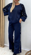 Women Round Neck Spliced sequin Sleeve Top + Pants Casual Suit