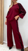 Women Round Neck Spliced sequin Sleeve Top + Pants Casual Suit
