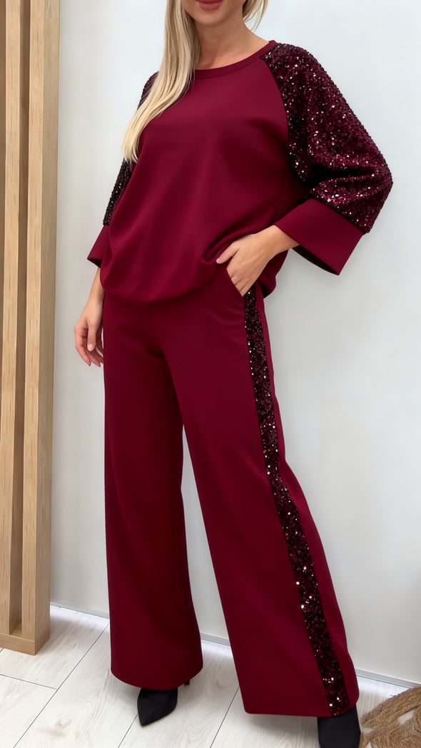 Women Round Neck Spliced sequin Sleeve Top + Pants Casual Suit