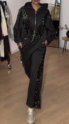 Women Hooded Patchwork Sequined Jacket+ Pants Casual Set