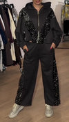 Women Hooded Patchwork Sequined Jacket+ Pants Casual Set