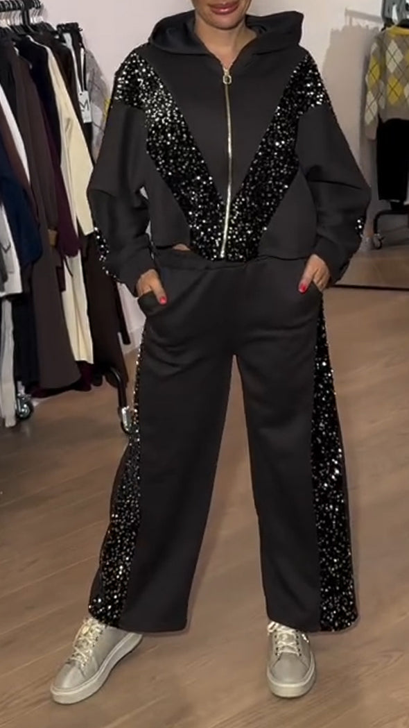 Women Hooded Patchwork Sequined Jacket+ Pants Casual Set