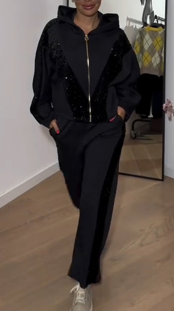 Women Hooded Patchwork Sequined Jacket+ Pants Casual Set
