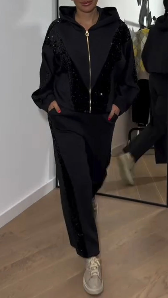 Women Hooded Patchwork Sequined Jacket+ Pants Casual Set