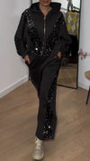 Women Hooded Patchwork Sequined Jacket+ Pants Casual Set