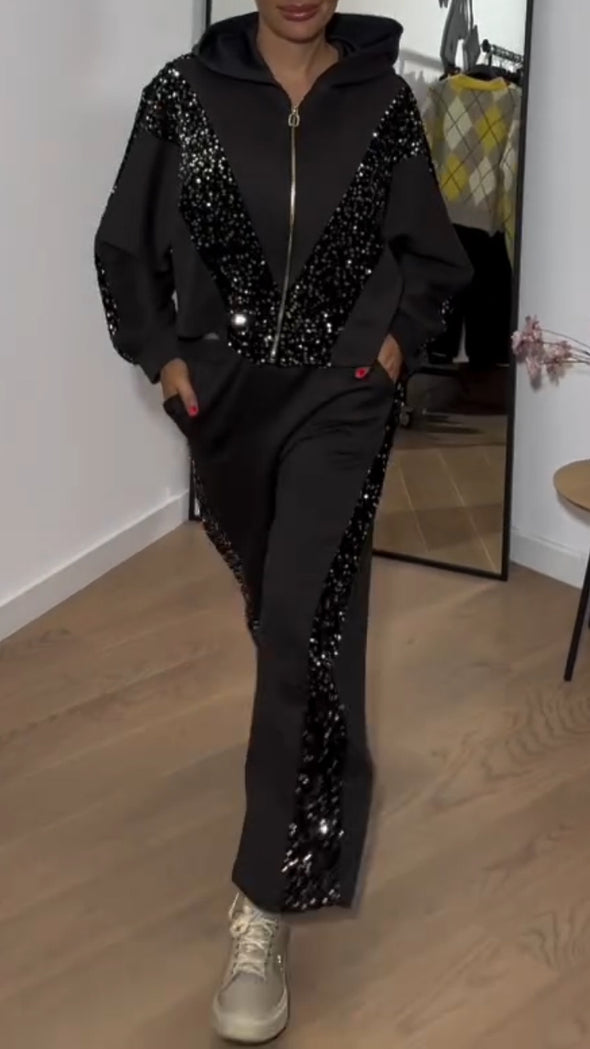 Women Hooded Patchwork Sequined Jacket+ Pants Casual Set