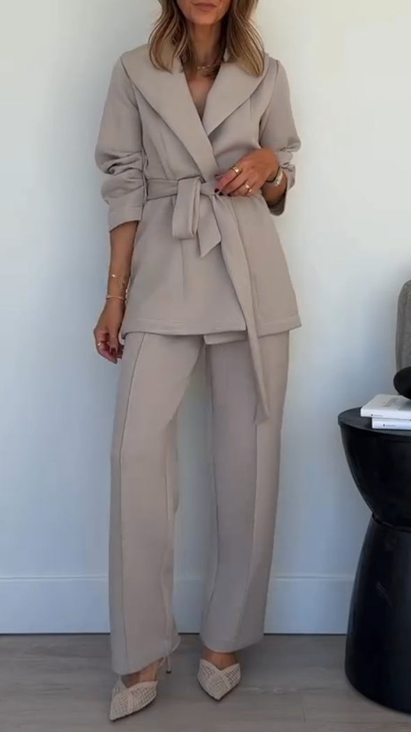 Women Collar Tied Jacket+ Pants Temperament Commuting Suit