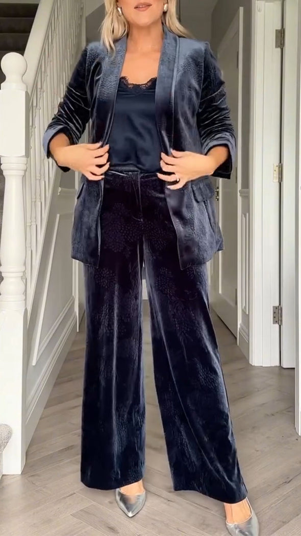 Women Collar Velvet Jacket+ Pants Temperament Commuting Suit