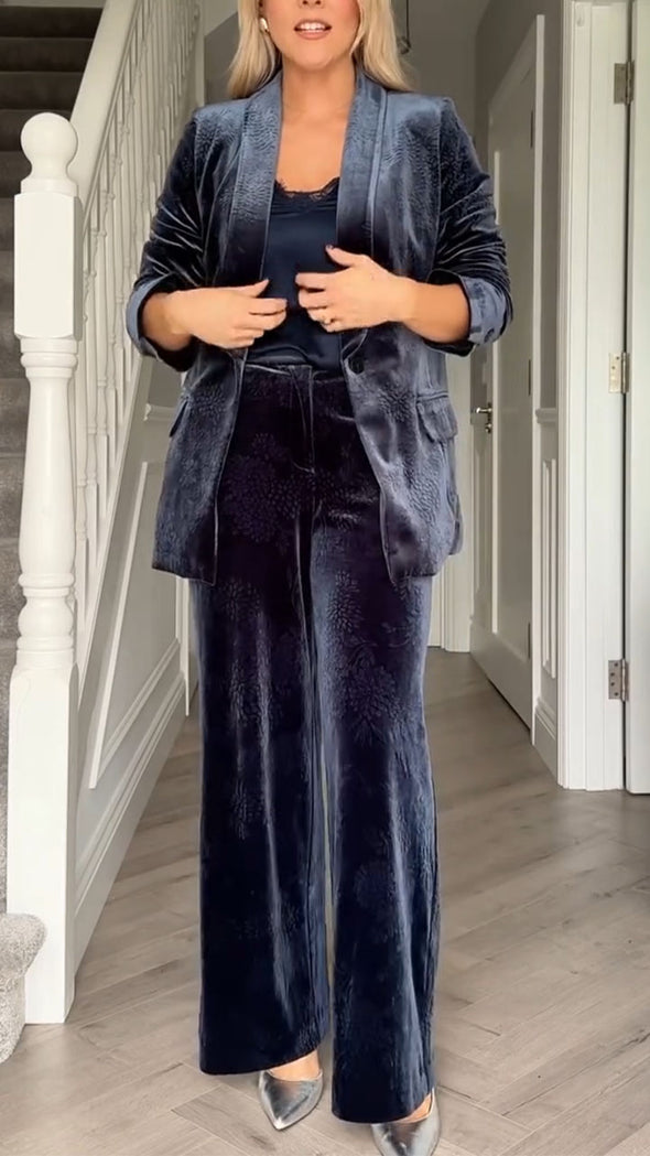 Women Collar Velvet Jacket+ Pants Temperament Commuting Suit