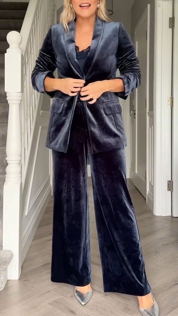 Women Collar Velvet Jacket+ Pants Temperament Commuting Suit