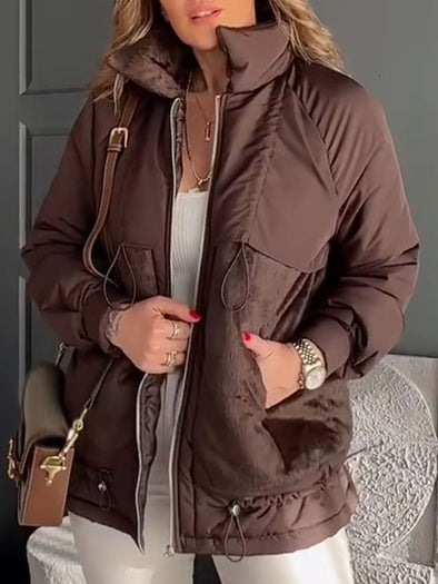 Women Stand Collar Patchwork Plush Casual Cotton Jacket